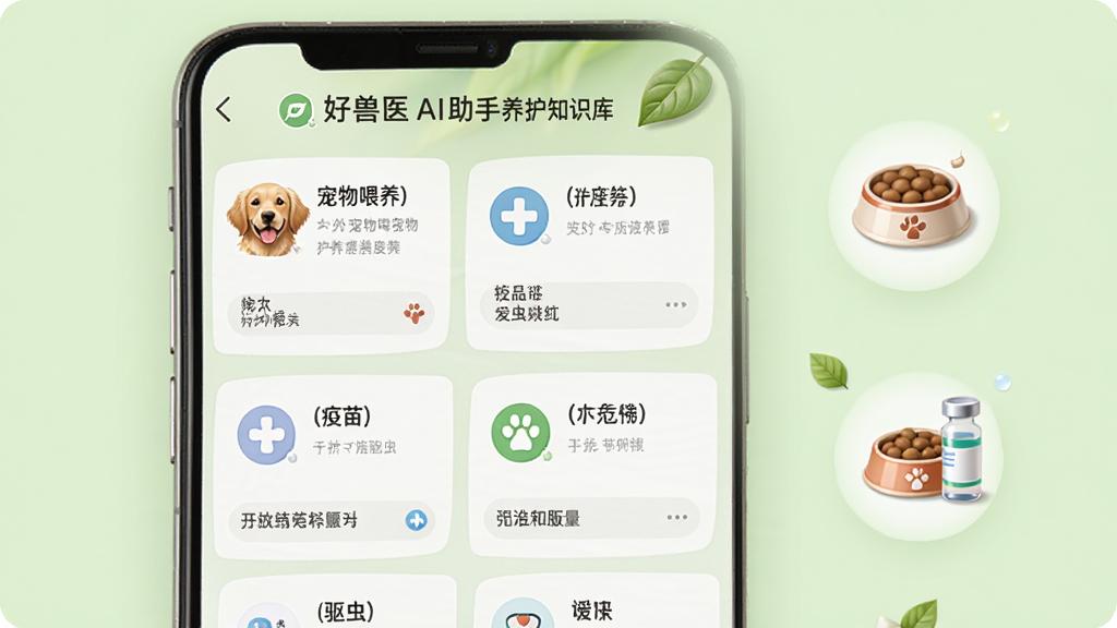 好兽医AI助手养护知识库界面,手机屏幕显示宠物喂养、疫苗、驱虫等知识卡片排列整齐,旁边有宠物食盆和疫苗瓶小图标,背景为浅绿色,风格清新自然,细节丰富,画质清晰干净