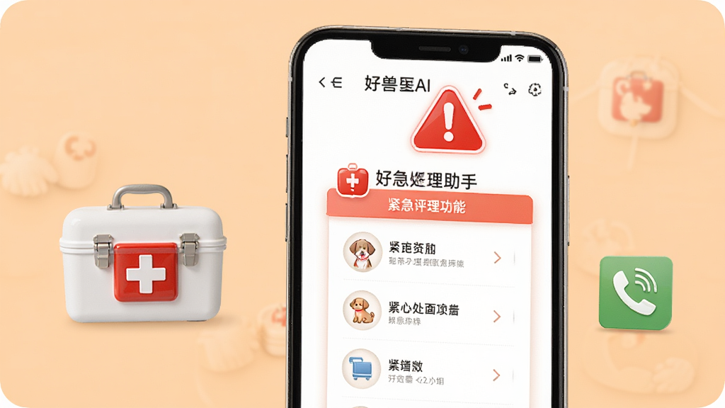 好兽医AI助手紧急评估功能界面,手机屏幕显示红色警示图标和紧急处理步骤列表,旁边有宠物急救箱和电话图标,背景为浅橙色,风格醒目但不刺眼,细节清晰,画质干净无多余元素