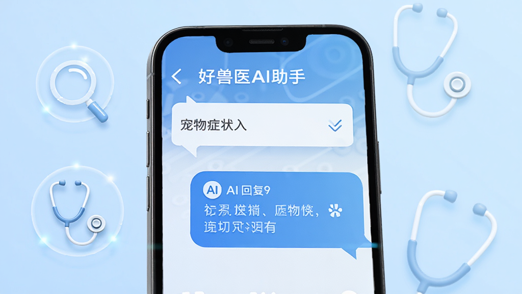好兽医AI助手智能问诊功能界面截图,手机屏幕中显示宠物症状输入框和AI回复气泡,旁边有放大镜和听诊器图标装饰,背景为淡蓝色渐变,风格科技感十足,细节清晰,画质干净