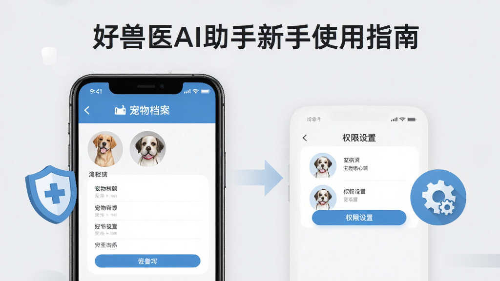 好兽医AI助手新手使用指南示意图,手机屏幕显示宠物档案填写界面和权限设置页面,旁边有盾牌和齿轮图标,背景为浅灰色,风格简洁商务,细节清晰,画质干净