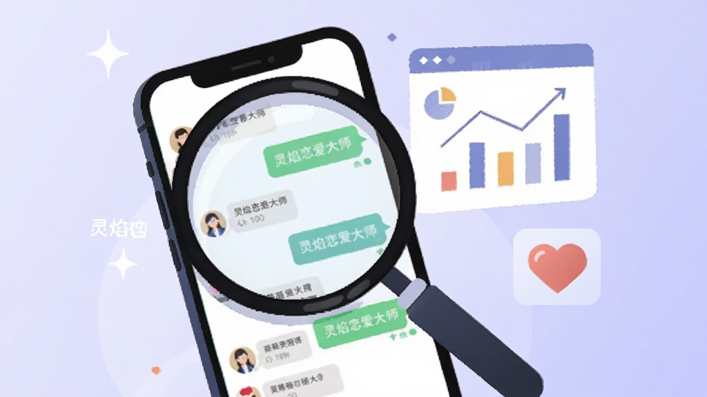 画面中央是一个放大镜聚焦在手机聊天记录上,放大镜旁边有分析图表和爱心图标,背景为浅紫色渐变,风格为商务扁平插画,排版采用对角线构图,细节清晰,画质干净,画面中文字标注“灵焰恋爱大师”,无多余元素