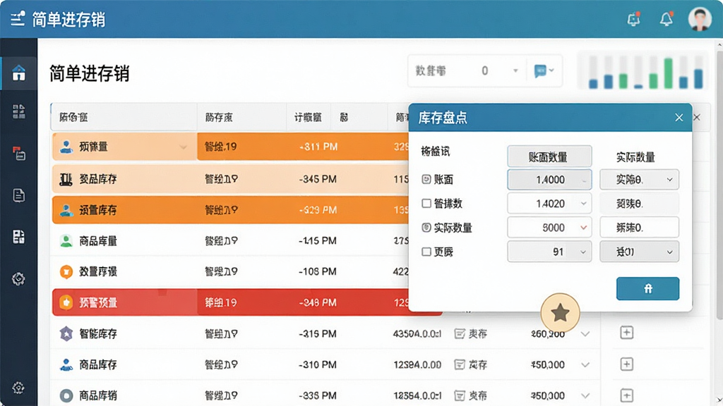 智能库存预警与盘点功能展示图,画面中“简单进存销”软件界面显示商品库存列表,部分商品行用橙色和红色高亮标记预警状态,旁边弹出库存盘点对话框,包含账面数量与实际数量对比列,界面风格简洁专业,配色清爽,画质清晰,无多余元素