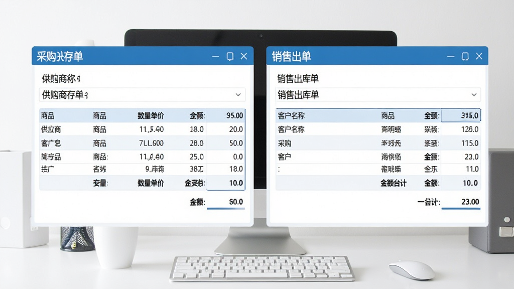采购销售一体化管理界面图,画面展示“简单进存销”软件中的采购入库单和销售出库单并排显示,左侧采购单包含供应商名称、商品列表、数量单价,右侧销售单包含客户名称、商品明细、金额合计,界面采用蓝白配色,数据清晰直观,背景为简洁办公桌面,画质干净明亮,无多余装饰元素