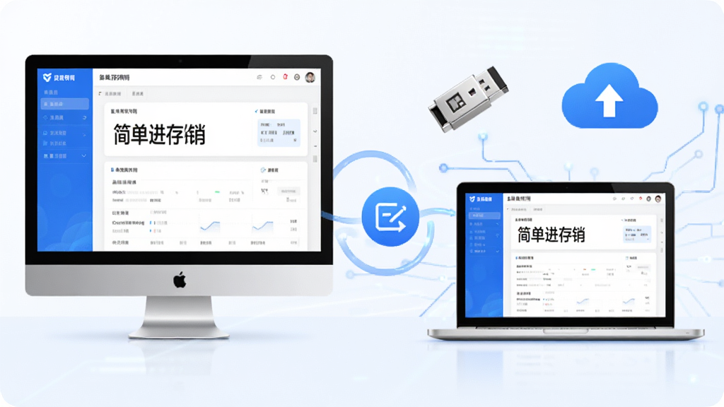 多端适配与数据安全示意图,画面中一台台式电脑和一台笔记本电脑同时显示“简单进存销”软件界面,中间用数据同步图标连接,旁边有一个U盘和云盘图标表示备份方式,整体风格简洁科技感,配色蓝白为主,画质清晰干净,无多余元素