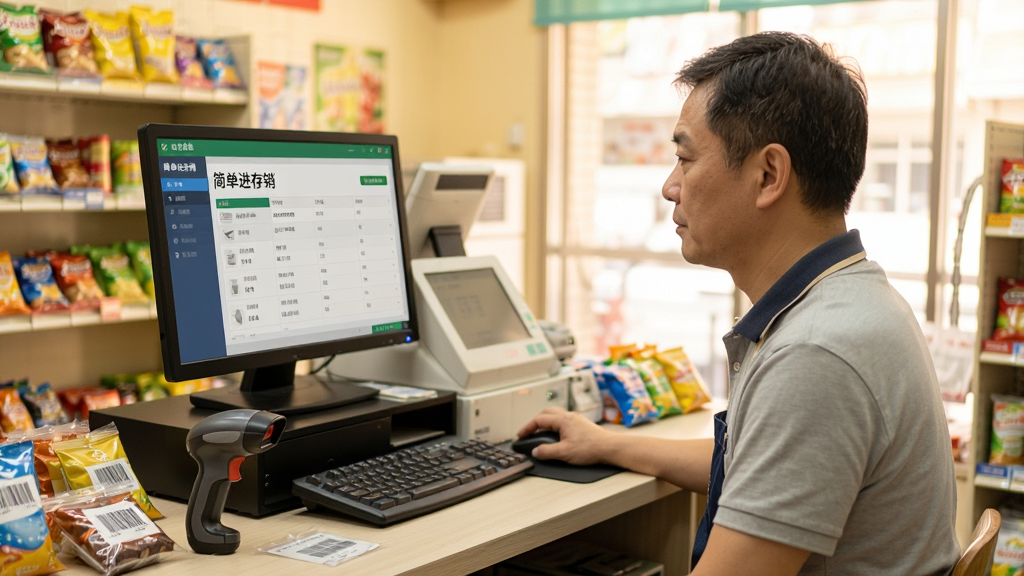 新手使用场景图,画面中一位中年店主坐在收银台前,电脑屏幕上显示“简单进存销”软件操作界面,店主手持鼠标正在录入商品信息,旁边放着商品条码扫描枪和几件小商品,环境为小型便利店内部,光线温暖明亮,风格写实自然,画质清晰干净,无多余元素