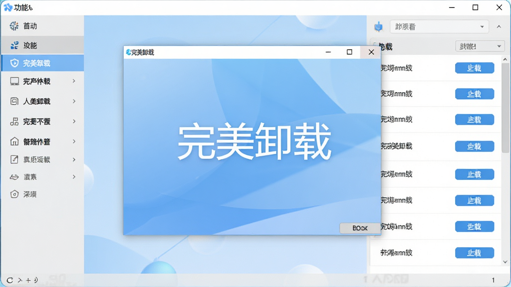 软件主界面全景展示,中央是完美卸载的窗口界面,左侧为功能导航栏,右侧为软件列表和卸载按钮,界面风格简洁清爽,背景为浅蓝色渐变,屏幕中显示'完美卸载'字样,整体布局规整,高清画质,干净无多余元素