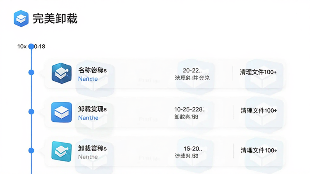 完美卸载的卸载历史记录页面,以时间线形式展示多条卸载记录,每条记录包含软件名称、卸载时间和清理文件数量,界面中有'完美卸载'标识,风格清爽,高清画质,干净无多余元素