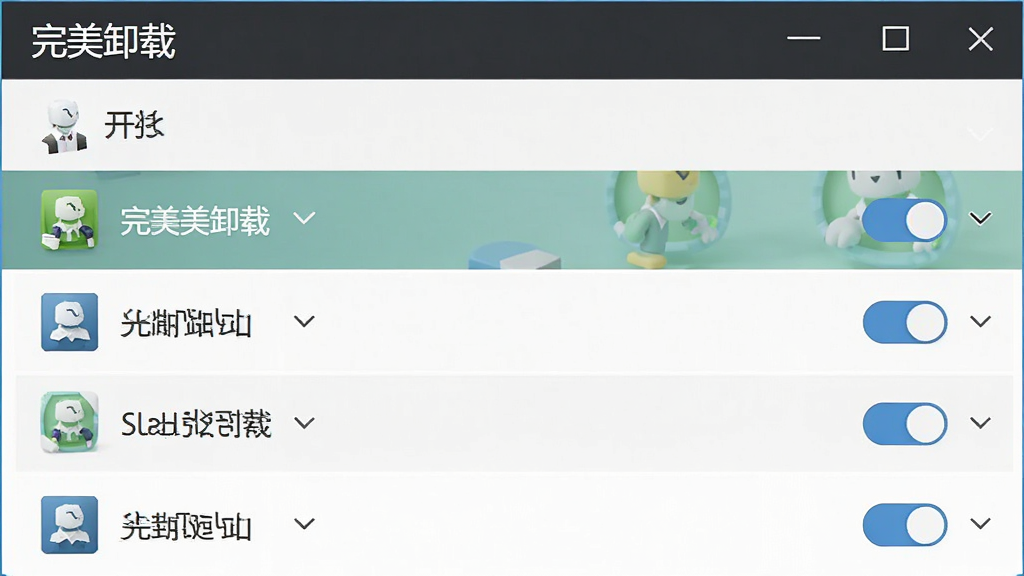 完美卸载的启动项管理界面,列表中展示多个开机自启动程序,每个项目前有开关按钮,界面顶部显示'完美卸载'名称,风格简洁商务,高清画质,干净无多余元素