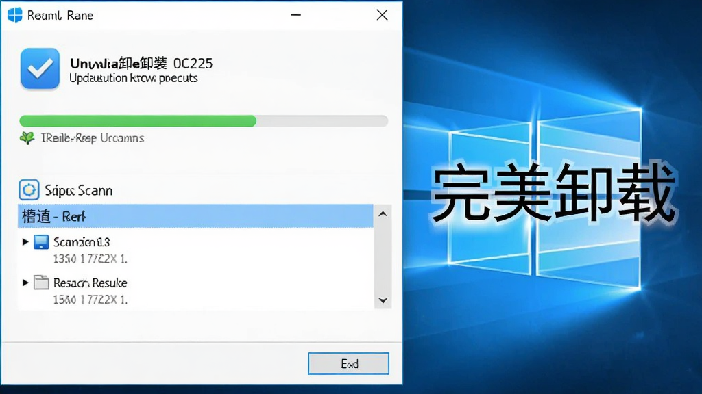 完美卸载在Windows电脑上的操作界面截图,显示卸载进度条和残留扫描结果,界面清晰,旁边有'完美卸载'文字标注,风格真实软件截图效果,高清画质,干净无多余元素