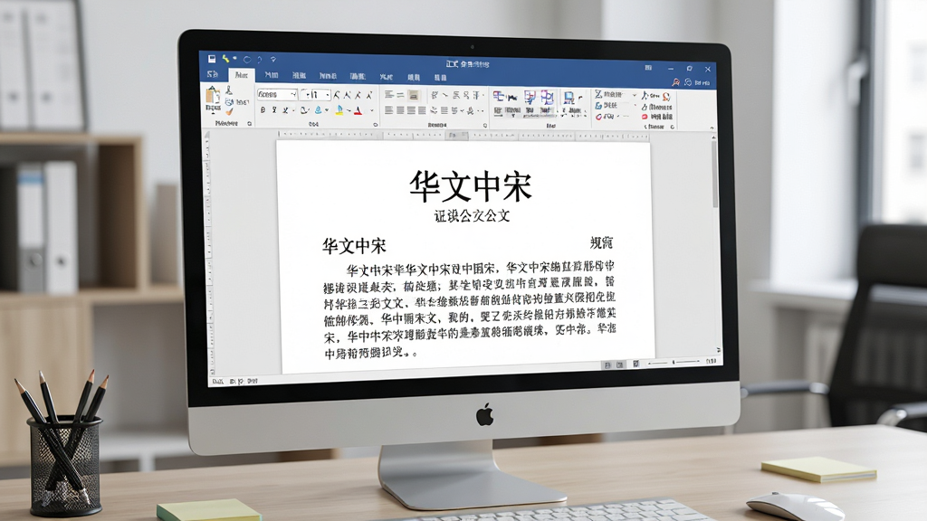 一张展示华文中宋字体在办公软件中实际应用效果的场景图,画面中电脑屏幕上打开一份正式公文文档,标题和正文均使用“华文中宋”字体排版,字体清晰锐利,文档格式规范,背景为整洁的办公桌面,风格商务专业,细节真实,画质高清,无多余元素