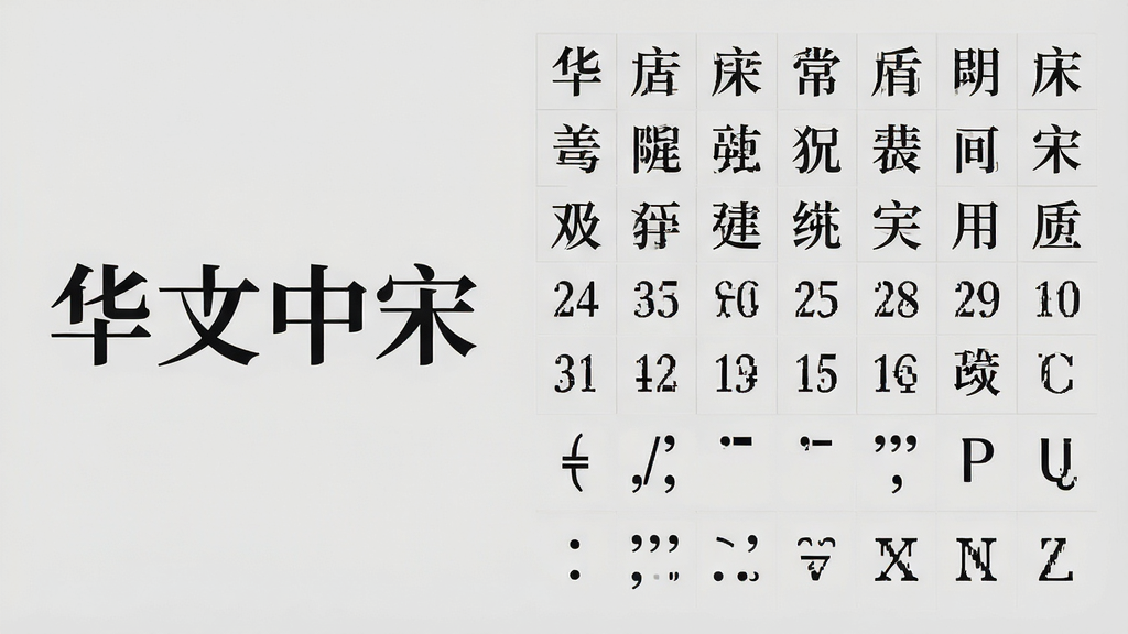 一张展示华文中宋字体字符集覆盖范围的示意图,画面左侧为“华文中宋”字样,右侧以网格形式排列常用汉字、数字、标点符号和拉丁字母,每个字符清晰可辨,布局整齐,背景为浅灰色,风格简洁专业,细节丰富,画质高清,无多余元素