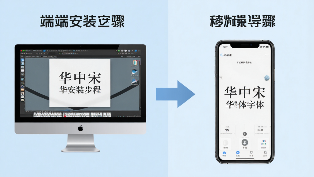 一张展示华文中宋字体安装步骤的示意图,画面分为左右两部分,左侧为电脑端安装流程截图示意,右侧为移动端字体导入界面示意,中间用箭头连接,每个步骤标注清晰,背景为浅蓝色,风格简洁直观,细节丰富,画质高清,无多余元素