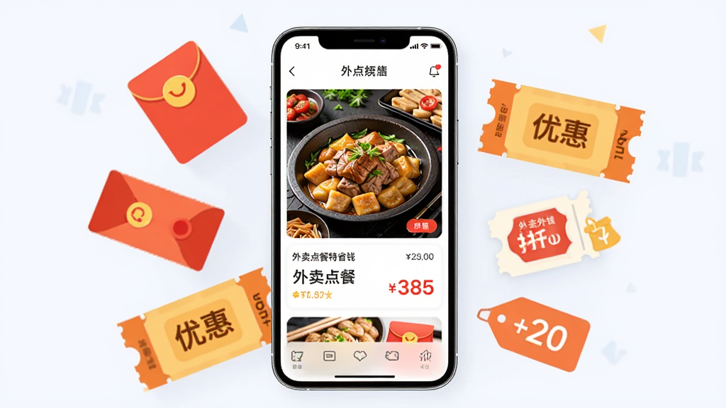 主体为一部智能手机展示外卖点餐界面,布局为手机居中,周围环绕红包、优惠券、折扣标签等元素,排版简洁明了,风格为现代扁平化设计,细节包括手机屏幕中显示美食图片和价格优惠信息,画质高清,画面干净,无多余元素,图片中文字标注