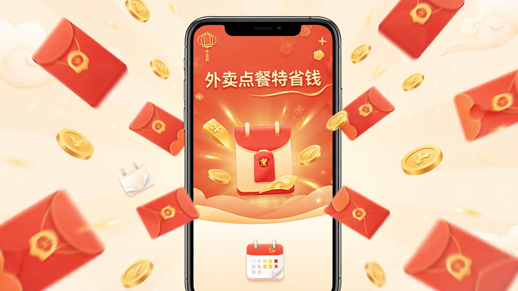 主体为手机屏幕展示红包领取页面,布局为红包散落效果,排版为居中展示,风格为喜庆暖色调设计,细节包括红色红包、金币特效、签到日历图标,画质高清,画面干净,无多余元素,图片中文字标注