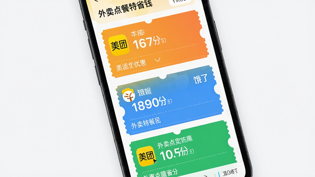 主体为一款手机应用界面,布局为优惠券列表展示,排版为上下滑动式卡片布局,风格为清新简约的移动端UI设计,细节包括多张不同颜色的优惠券卡片、美团和饿了么图标、折扣数字,画质高清,画面干净,无多余元素,图片中文字标注