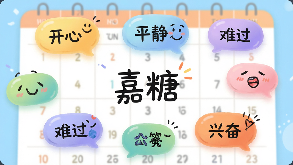 嘉糖心情标签功能界面,画面展示多个彩色心情标签如“开心”“平静”“难过”“兴奋”等,标签以气泡形式悬浮在日历背景上,中央有“嘉糖”应用名称,布局采用散点式排列,风格活泼明快,细节包含手绘表情符号、柔和的色彩过渡、圆润的标签形状,画质细腻,干净,无多余元素