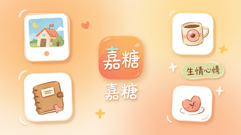 嘉糖应用主界面展示,清新温暖的色调,中心位置是嘉糖应用图标和名称“嘉糖”,周围环绕着相册、日记本、心情标签等生活记录元素,整体布局简洁大方,排版居中对齐,风格温馨治愈,细节包含柔和的渐变背景、圆角卡片、手绘风格小图标,画质高清,干净,无多余元素