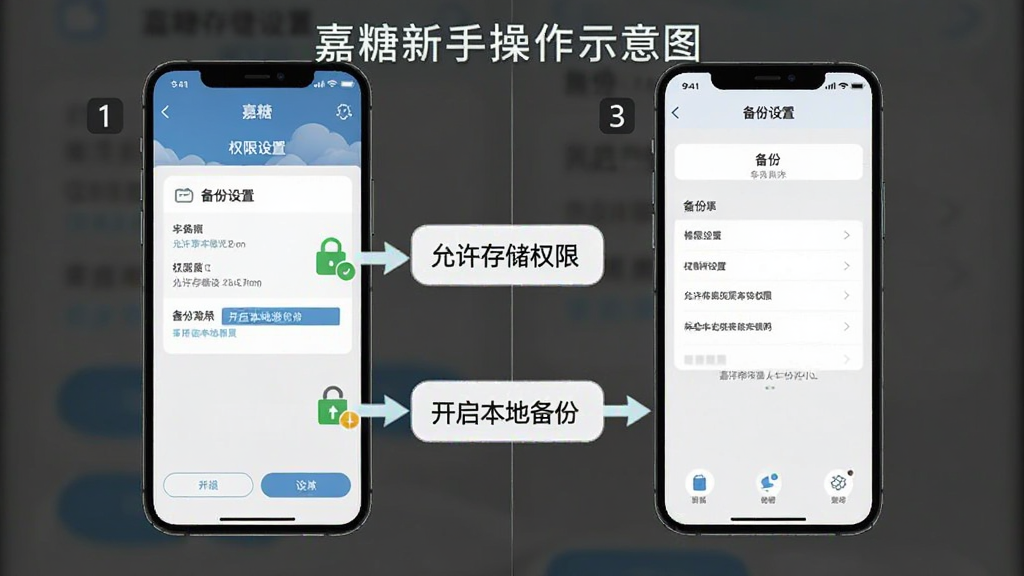 嘉糖新手操作示意图,画面展示一部智能手机屏幕,屏幕上显示嘉糖应用的权限设置页面和备份选项,旁边有箭头标注“允许存储权限”“开启本地备份”等操作步骤,布局采用左右分栏,风格扁平化教学,细节包含清晰的UI截图元素、步骤编号、提示气泡,画质清晰,干净,无多余元素