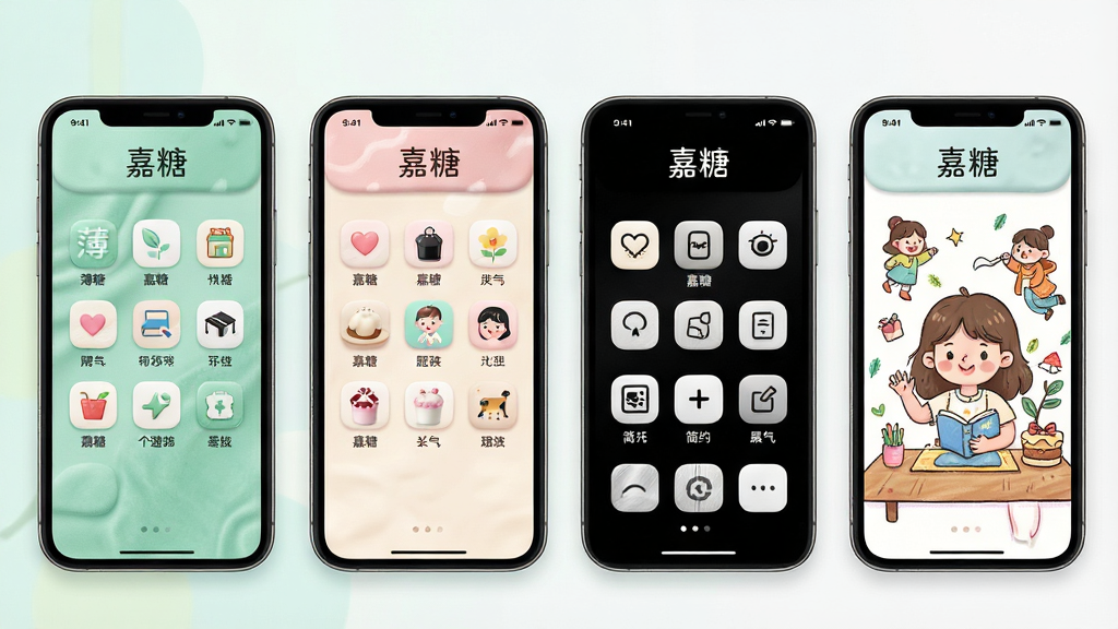 嘉糖个性化主题装扮展示,画面中并排展示四款不同风格的应用界面皮肤,分别为薄荷绿、奶油粉、黑白简约和插画风,每款界面上方均标注“嘉糖”字样,布局采用网格排列,风格多样统一,细节包含细腻的材质纹理、柔和的圆角设计、精致的图标细节,画质精美,干净,无多余元素