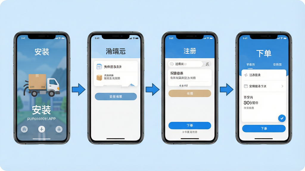 大件物流托运APP安装使用步骤示意图,画面中展示手机从下载安装到注册登录再到下单操作的四个步骤截图,配有箭头引导,背景为浅蓝色简洁风格,画质清晰,干净无多余元素