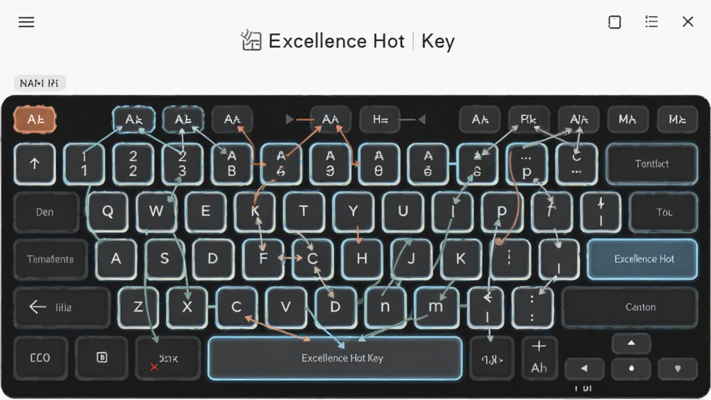 一张展示 Excellence Hot Key 按键自定义界面的图片,主体是虚拟键盘布局图,布局为全键盘按键高亮显示可自定义区域,排版为居中展示,风格为扁平化设计,细节包含按键高亮标记、组合键连线示意、功能标签文字,画质高清,画面干净,无多余元素
