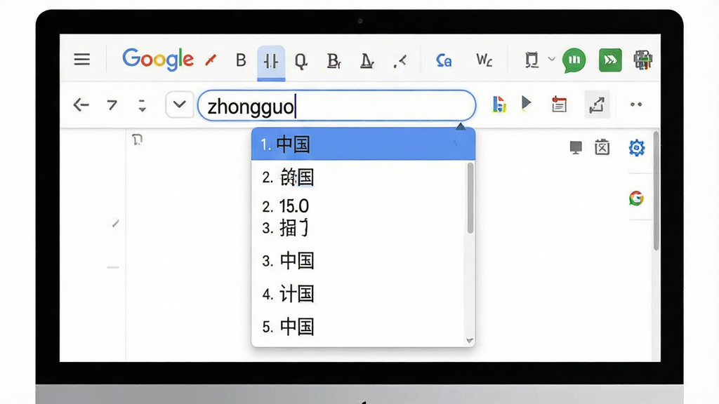 一张展示谷歌拼音智能联想功能的图片。画面主体是一个电脑屏幕,屏幕上显示输入框和谷歌拼音的候选词下拉列表,输入框中显示拼音“zhongguo”,候选词列表中“中国”排在第一位。布局为居中构图,风格为现代科技风,细节上候选词列表有清晰的序号标注,背景为干净的白色。画质高清,干净,无多余元素。