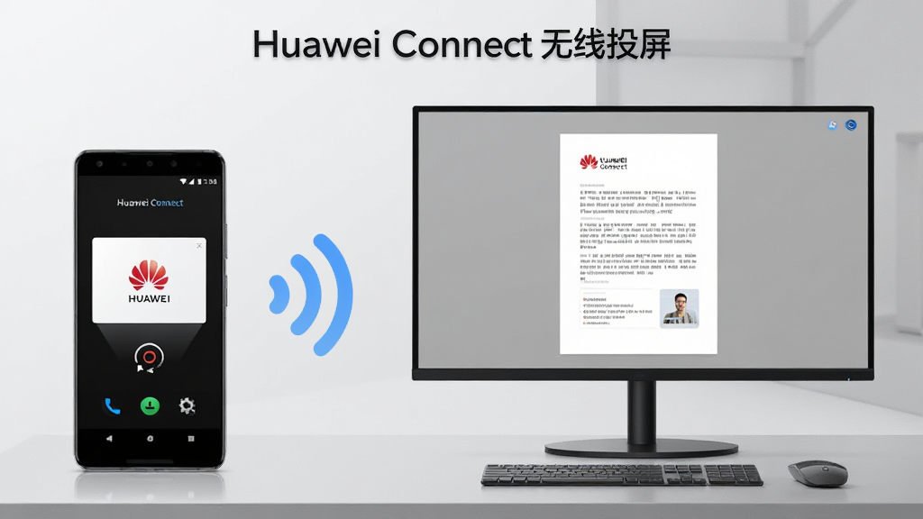 一部安卓手机放置在桌面左侧,右侧是一台大屏幕显示器正在同步显示手机上的文档内容,画面中间用无线信号波纹图标连接两端,布局为左右对比展示,排版干净利落,风格为现代简约科技插画,细节包括手机屏幕显示 Huawei Connect 投屏界面、显示器边框窄边设计、桌面有键盘和鼠标、背景为浅灰色渐变,画面中文字标注