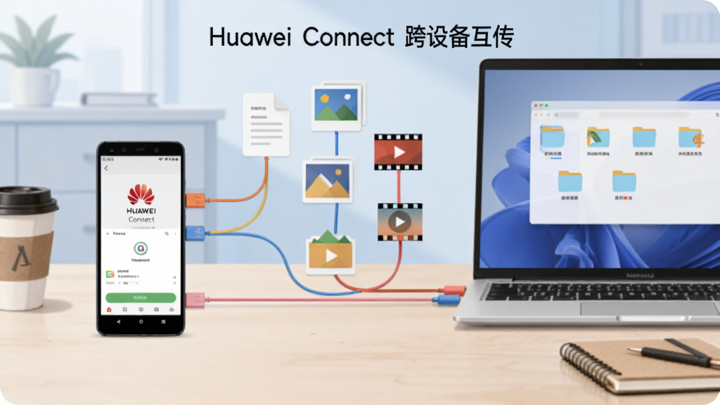 画面展示一个办公桌面场景,左侧是一部安卓手机,右侧是一台轻薄笔记本,两者之间有多条彩色数据线连接,数据线上漂浮着文档、图片、视频等文件图标,布局为左右分布,排版整齐有序,风格为商务扁平化插画,细节包括手机屏幕显示 Huawei Connect 文件传输界面、电脑屏幕显示同步文件夹、桌面有咖啡杯和笔记本、背景为淡蓝色办公环境,画面中文字标注