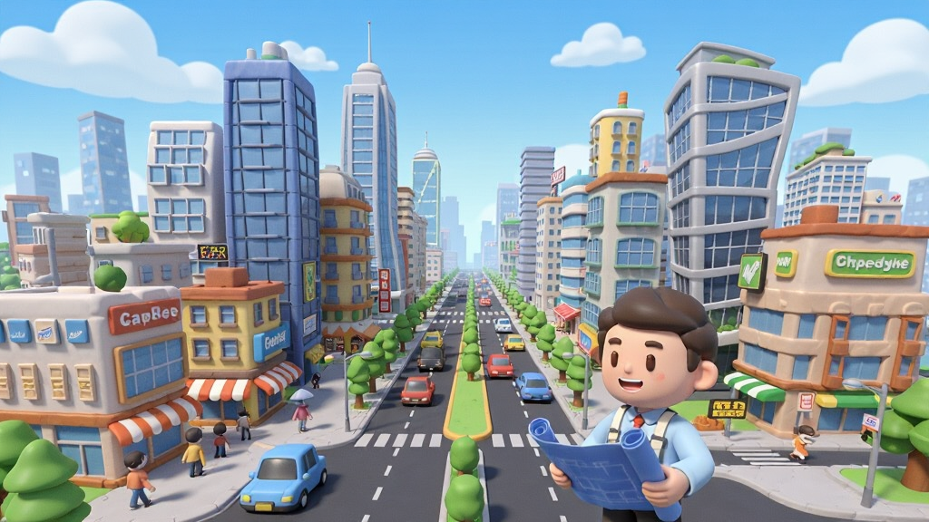 画面中央是一座繁华的现代化城市全景,高楼大厦错落有致地排列在画面中,城市道路上车流穿梭,街道两旁有绿树和商店,远处有蓝天白云,近景是一位卡通风格的城市规划师手持蓝图站在城市前方,整体采用明亮鲜艳的卡通渲染风格,色彩丰富饱满,画面细节精致,建筑和人物都带有QQ摩登城市的经典元素特征,画质清晰干净,无多余杂乱元素,横版构图适合网页展示