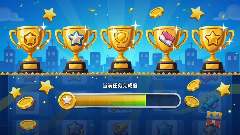 画面中展示一排闪亮的成就奖杯和任务列表界面,每个奖杯上刻有不同图案代表不同类型的成就,背景是卡通风格的城市剪影,画面中央有一个进度条显示当前任务完成度,周围散落着金币和星星等奖励图标,整体采用金色和蓝色搭配的配色方案,风格喜庆且富有成就感,画质清晰,元素排列整齐干净