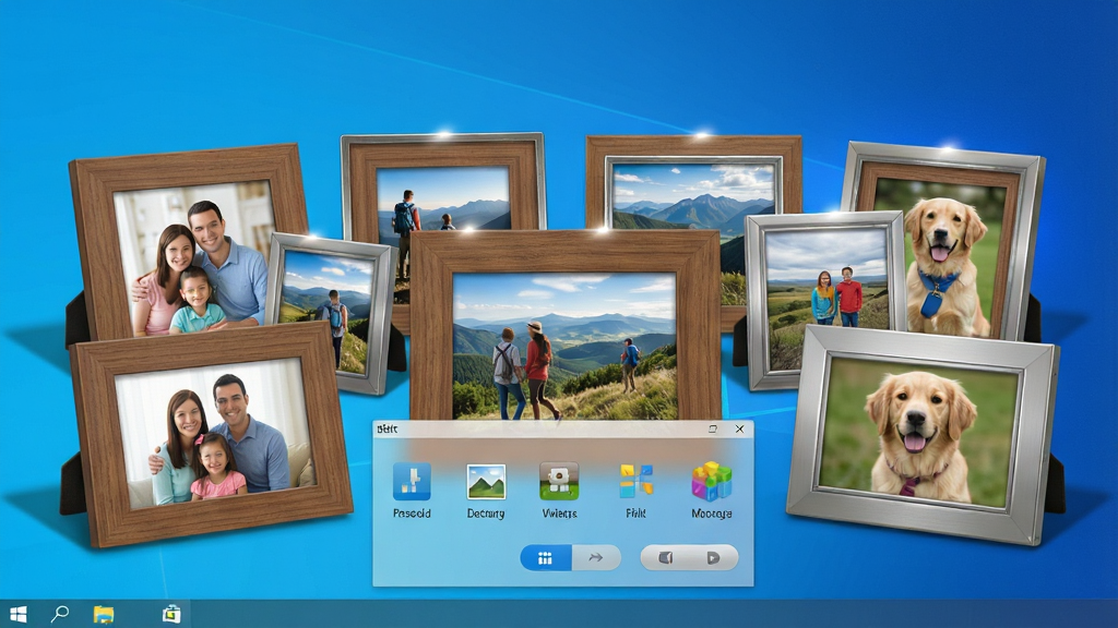 һ��Windows���������ͼ�������������������Ŷ��ľ�����ͽ�����������չʾ�ż�ͥ��Ӱ�����з羰�ͳ�����Ƭ������·��а�͸�����������ʾ������Ƭǽ�������ƣ������Ǽ�����ɫ�����ֽ������Ϊ�������������ʵ���ϳɣ�����ִ����£�ϸ�ڰ��������Ӱ����Ƭ�߹⡢���ͼ�꣬�����������ɾ����޶���Ԫ��