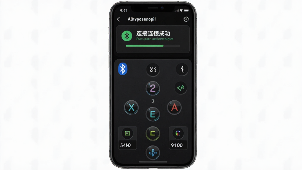 主体为冰原狼软件在手机上的连接状态与映射调试界面,布局为手机竖屏展示,上方为手柄连接成功提示,下方为游戏映射按键布局,排版清晰直观,风格为暗色游戏UI,细节包括蓝牙图标、按键编号、灵敏度数值,画质高清、干净、无多余元素