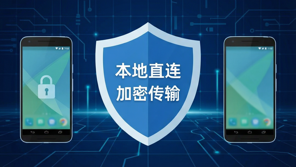 手机搬家同步助手安全传输概念图,画面中央是一个盾牌图标,盾牌两侧各有一部安卓手机,盾牌上显示“本地直连”“加密传输”字样,背景为深蓝色科技网格,风格为扁平化设计,细节干净,画质清晰,无多余元素