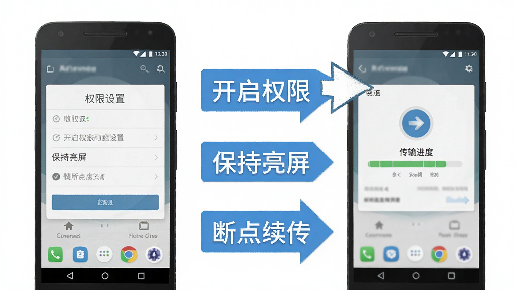手机搬家同步助手使用教程示意图,画面中一部安卓手机显示权限设置界面,旁边有箭头指向另一部手机显示传输进度界面,中间有文字标注“开启权限”“保持亮屏”“断点续传”,风格为扁平化教学插图,背景干净,画质清晰,无多余元素