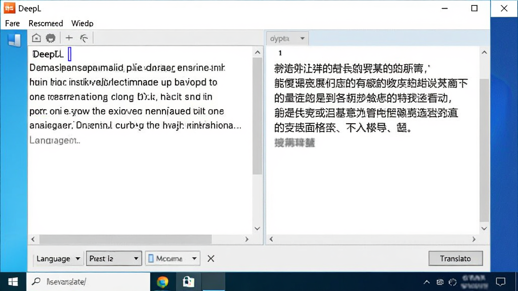 一张展示DeepL在Windows电脑上运行的操作截图,画面中软件窗口位于桌面中央,左侧输入框内有一段英文文本,右侧输出框显示对应中文译文,窗口下方有语言选择栏和翻译按钮,桌面背景为简洁的蓝色渐变壁纸,布局为居中展示,风格为真实软件截图风,细节包括窗口标题栏、菜单栏、滚动条,画质清晰,干净无多余元素