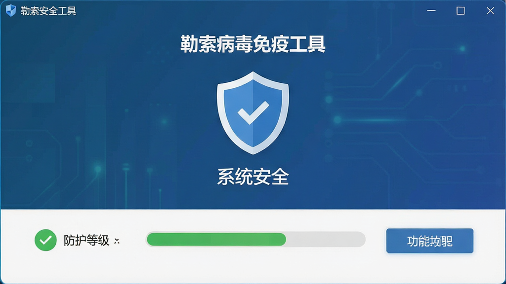 一张干净简洁的电脑安全软件界面截图,画面主体为「勒索病毒免疫工具」主界面,布局居中显示防护状态盾牌图标与“系统安全”字样,排版清晰,风格为现代扁平化科技风,细节包括绿色对勾、防护等级条、功能按钮,画质高清,干净无多余元素