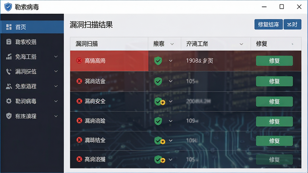 一张以“勒索病毒免疫工具”为主题的AI生图,画面主体为软件界面展示漏洞扫描结果列表,布局为左侧导航右侧详情,排版整齐,风格为商务科技风,细节包括红色高危标记、绿色安全标记、修复按钮,画质高清,干净无多余元素