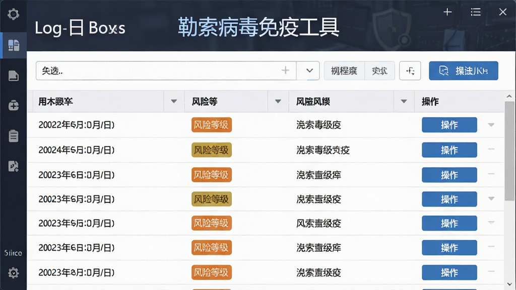 一张以“勒索病毒免疫工具”为主题的AI生图,画面主体为软件日志界面显示拦截记录表格,布局为顶部筛选栏加下方列表,排版清晰,风格为简约商务风,细节包括时间戳、风险等级标签、操作按钮,画质高清,干净无多余元素