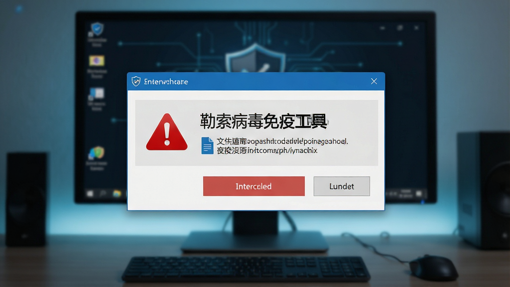 一张以“勒索病毒免疫工具”为主题的AI生图,画面主体为电脑桌面显示软件弹窗拦截提示,布局为居中弹窗加背景桌面,排版直观,风格为写实科技风,细节包括红色警告图标、拦截按钮、文件路径文字,画质高清,干净无多余元素