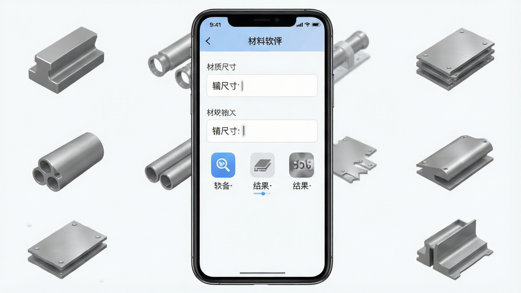 一张展示材料重量计算软件主界面的手机截图,画面中央是简洁的输入框和材质选择图标,周围环绕着圆钢、钢管、钢板等金属材料的立体图标,整体布局清晰,排版直观,风格为现代扁平化科技风,细节上突出输入尺寸与结果数字的对比,画质清晰,干净,无多余元素