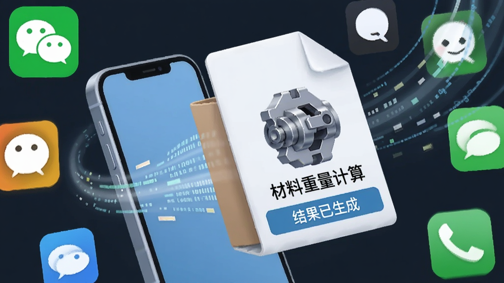 一张AI生成的图片,画面主体是一部手机正在向外发送一个带有金属零件图标的文件包,文件包上写着“材料重量计算”和“结果已生成”,周围环绕着微信、QQ等社交软件的简化图标,布局采用横向流动排版,风格为扁平化插画风,细节上体现数据流动的轨迹,画质清晰,干净,无多余元素