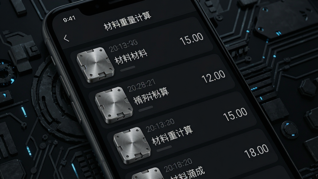 一张AI生成的图片,画面主体是手机屏幕显示着“材料重量计算”的历史记录列表界面,列表项带有金属材质缩略图和重量数值,背景是深色科技纹理,布局采用纵向列表排版,风格为暗黑模式UI设计风,细节上突出时间戳和材料名称的清晰度,画质干净,无多余元素