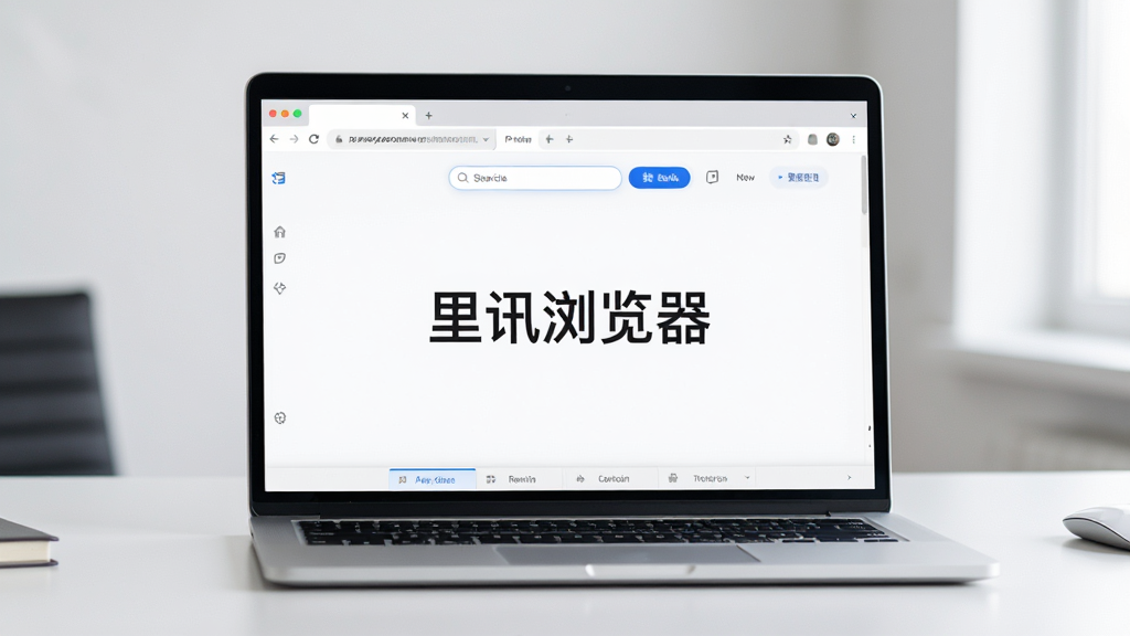 一台笔记本电脑放在整洁桌面上,屏幕显示浏览器首页界面,页面中央有“里讯浏览器”字样,布局为居中构图,排版简洁,风格为现代科技感,细节包括搜索框、导航按钮和标签页,画质清晰,干净,无多余元素