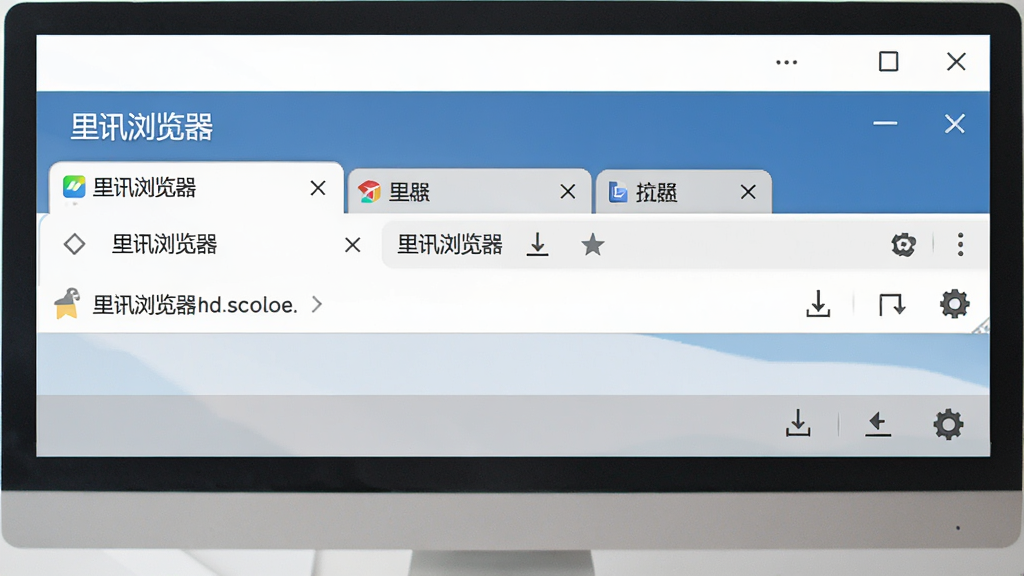 一台电脑屏幕显示“里讯浏览器”的多标签页界面,主体为浏览器窗口,布局为多个标签并排,排版清晰,风格为扁平化设计,细节包括书签栏、下载按钮和设置入口,画质清晰,干净,无多余元素