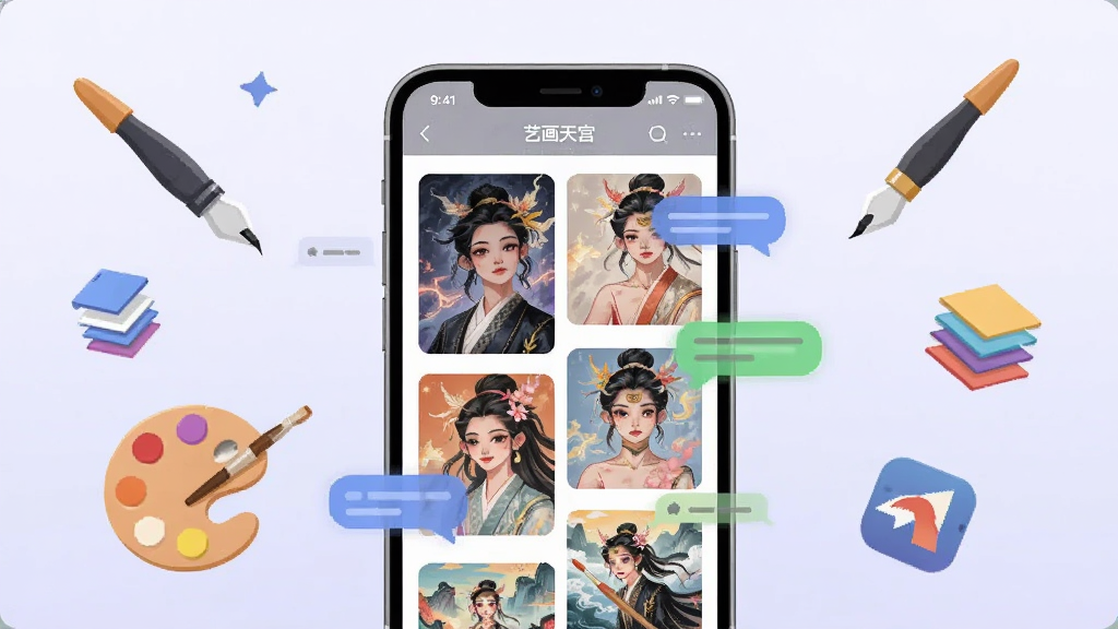 画面中央是一部智能手机,屏幕上显示着“艺画天宫”的软件界面,界面中包含画师作品瀑布流与聊天气泡元素,背景是柔和的浅紫色渐变,手机周围漂浮着数位笔、调色盘、图层图标等绘画相关小元素,整体采用扁平化插画风格,色彩干净明亮,排版居中对称,画质清晰细腻,无多余杂乱元素