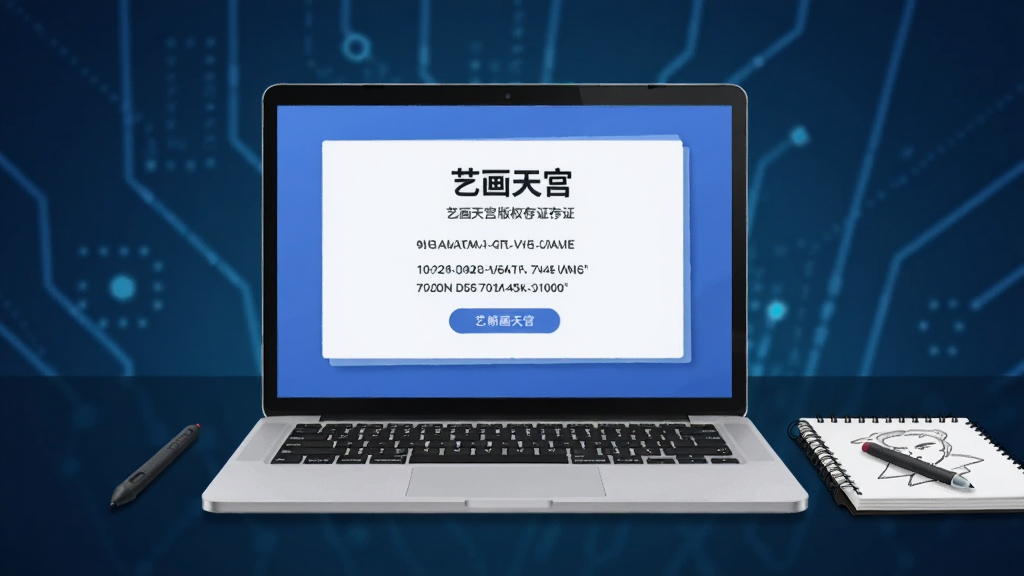 画面中心是一台打开的笔记本电脑,屏幕上显示“艺画天宫”的版权存证页面,页面中有时间戳、哈希值等数据展示,电脑旁边放着一支数位笔和一本素描本,背景是深蓝色科技感渐变,风格为写实与扁平结合的数字插画,细节清晰,画质干净,无多余装饰元素