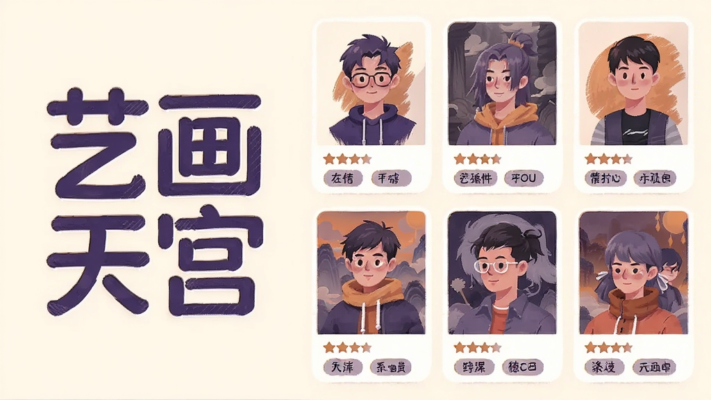 一幅横向宽幅插画,画面左侧是“艺画天宫”四个字的艺术字体标题,右侧是多个画师头像与作品缩略图组成的网格布局,每个作品卡片下方有星级评分和标签文字,背景为温暖的米白色,风格为现代扁平插画,线条简洁,色彩以紫色和橙色为主调,画质高清,排版整齐干净