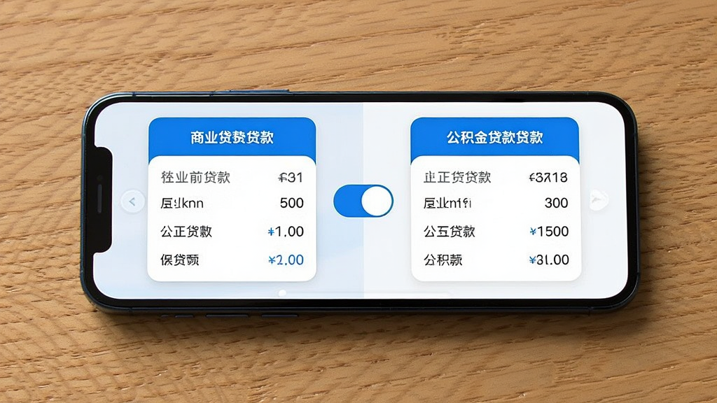 一部智能手机放置在木质桌面上,屏幕显示新版房贷计算器应用内商业贷款与公积金贷款并排对比的界面,左侧为商业贷款数据卡片,右侧为公积金贷款数据卡片,中间有切换按钮,界面采用蓝白配色,卡片式布局,风格简洁现代,画质清晰,干净,无多余元素