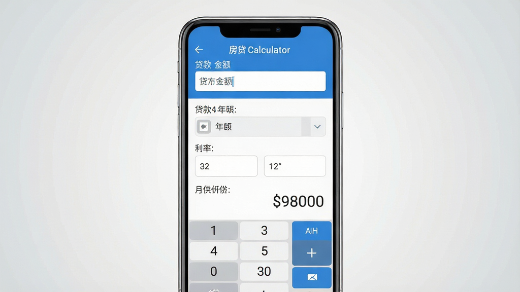 一张展示手机屏幕中房贷计算器应用主界面的图片,画面中央是一部竖屏智能手机,手机屏幕显示贷款金额输入框、贷款年限选择器、利率输入框和月供结果展示区,界面以蓝色和白色为主色调,布局简洁清晰,背景为浅灰色渐变,风格为现代扁平化UI设计,细节包括数字键盘图标和计算按钮,画质高清,干净,无多余元素