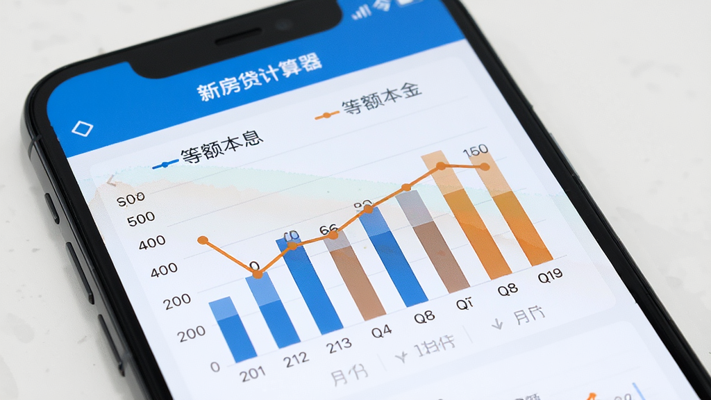 一部智能手机屏幕特写,显示新版房贷计算器应用中等额本息与等额本金还款对比图表,图表包含柱状图和折线图,横轴为还款月份,纵轴为金额,界面以蓝色和橙色区分两种还款方式,风格为数据可视化仪表盘,画质高清,干净,无多余元素